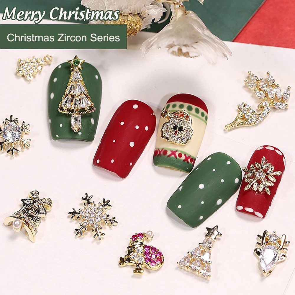 5 Christmas nail zircon charm snowman snowflake reindeer small bell tree nail gemstone Year nail art accessories 241008