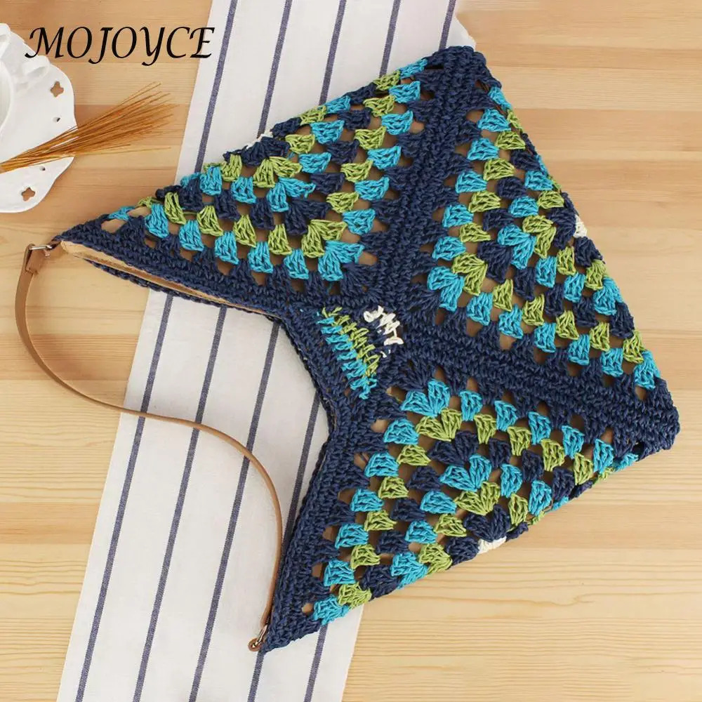 Womens Fashion Grandma Bag Large Capacity Crochet Stray Bag Hollow Handbag Patch Work Buckle Close Outdoor Travel 241008