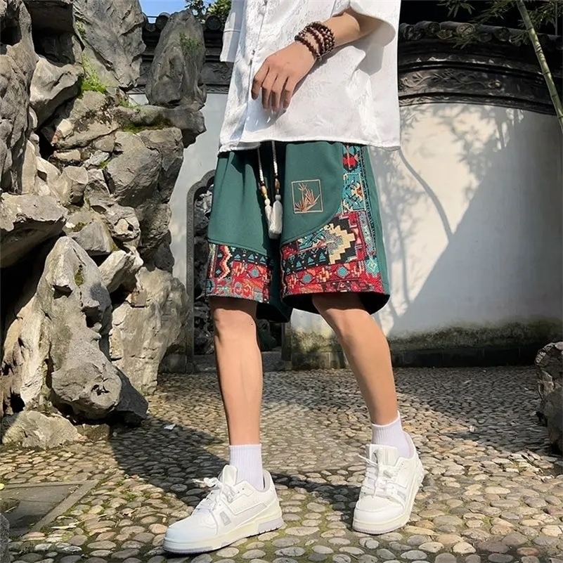 Embroidered shorts mens summer loose casual national trend medium pants trendy large size sports outer wear 5-point pants 241008