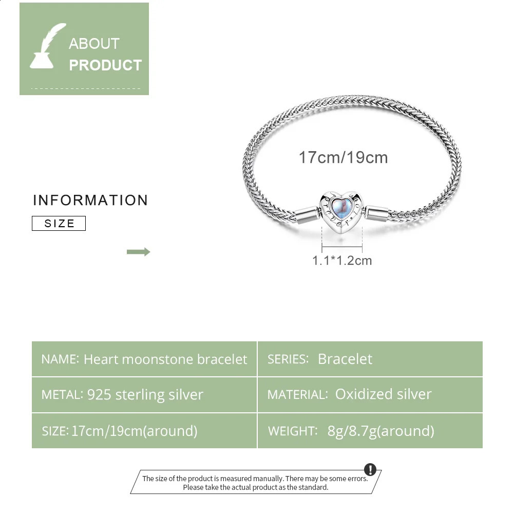 Heart Charm and Bead Bracelet 925 Pure Silver Snake Chain Basic Bracelet Womens Moonstone Jewelry 17CM 19CM 240925