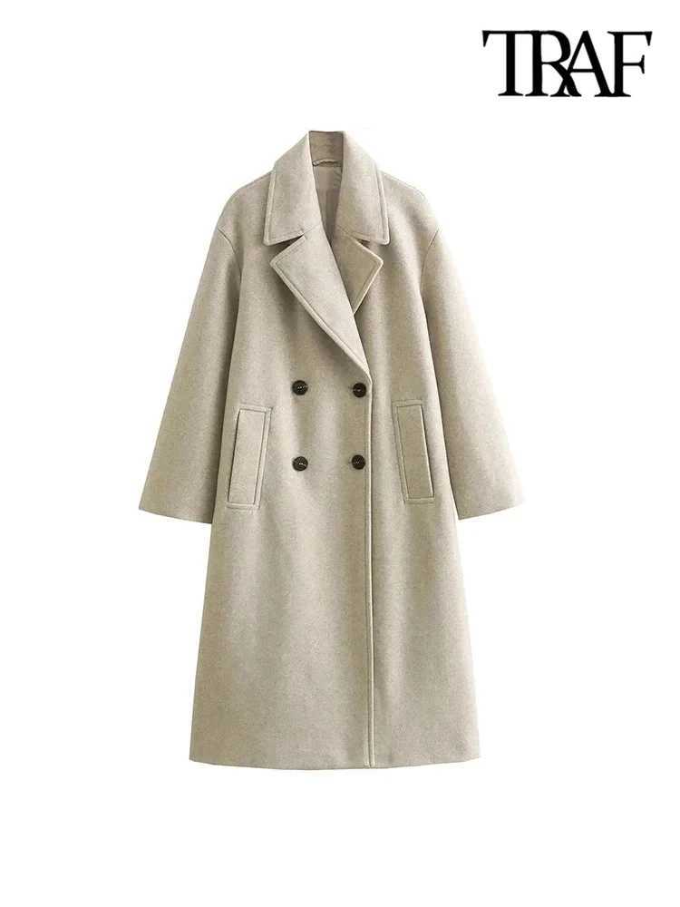 TRAF-Womens Soft Oversized Woolen Coat Long Sleeve Front Welt Pockets Female Outerwear Chic Overcoat FashionX241009