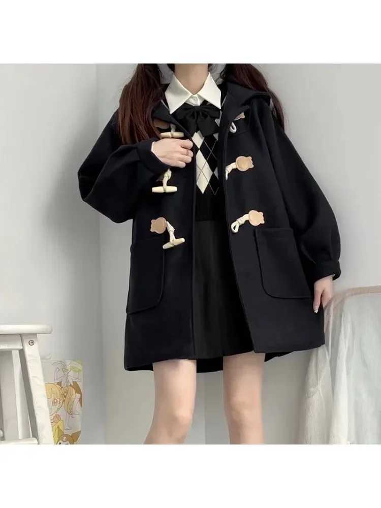 Winter Thick Hooded Blends Women Tender Sweet Horn Button Preppy Style Casual Girl Baggy Japanese Fashion Pockets Warm OvercoatsX241009