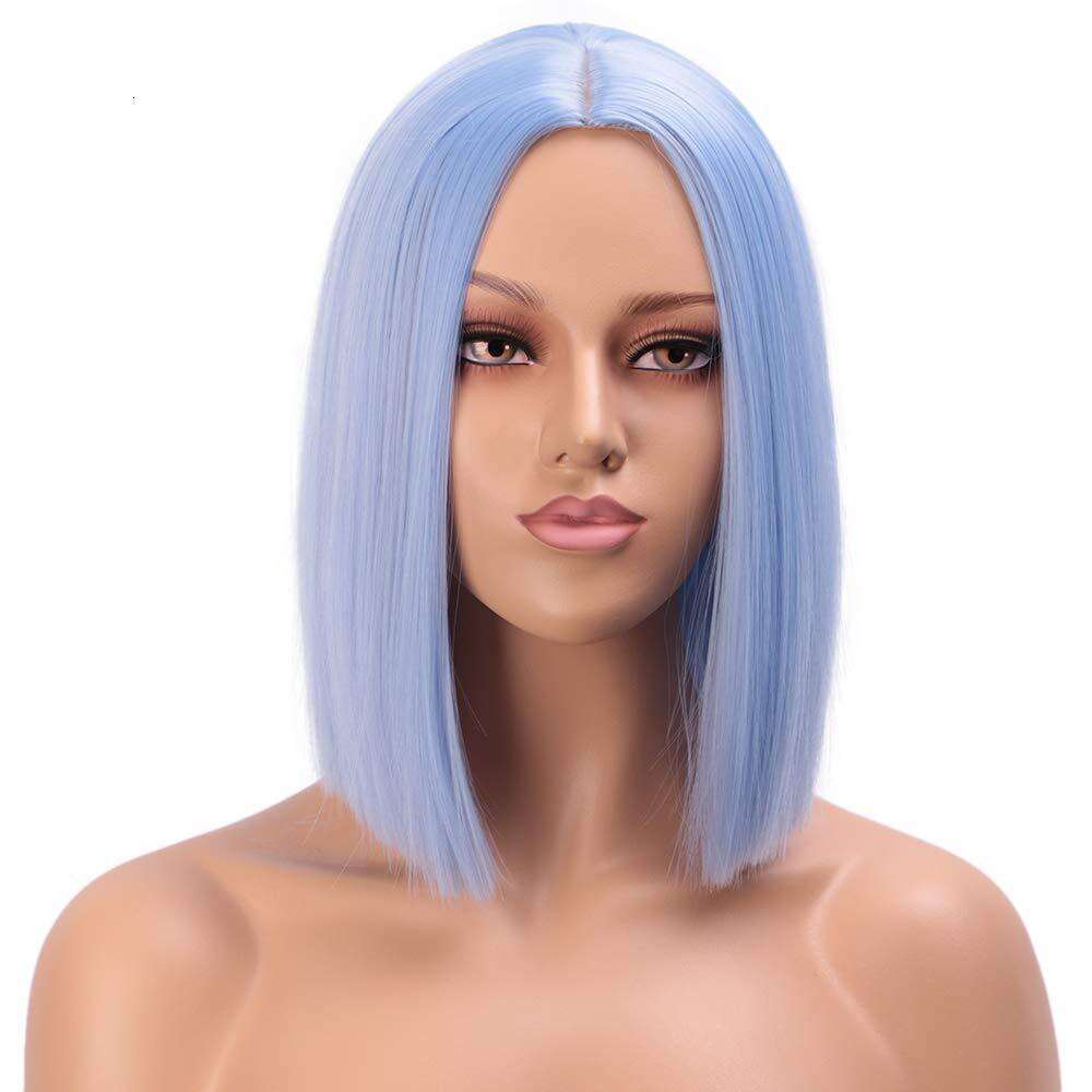 New natural short BOB light blue synthetic full nism wig headband