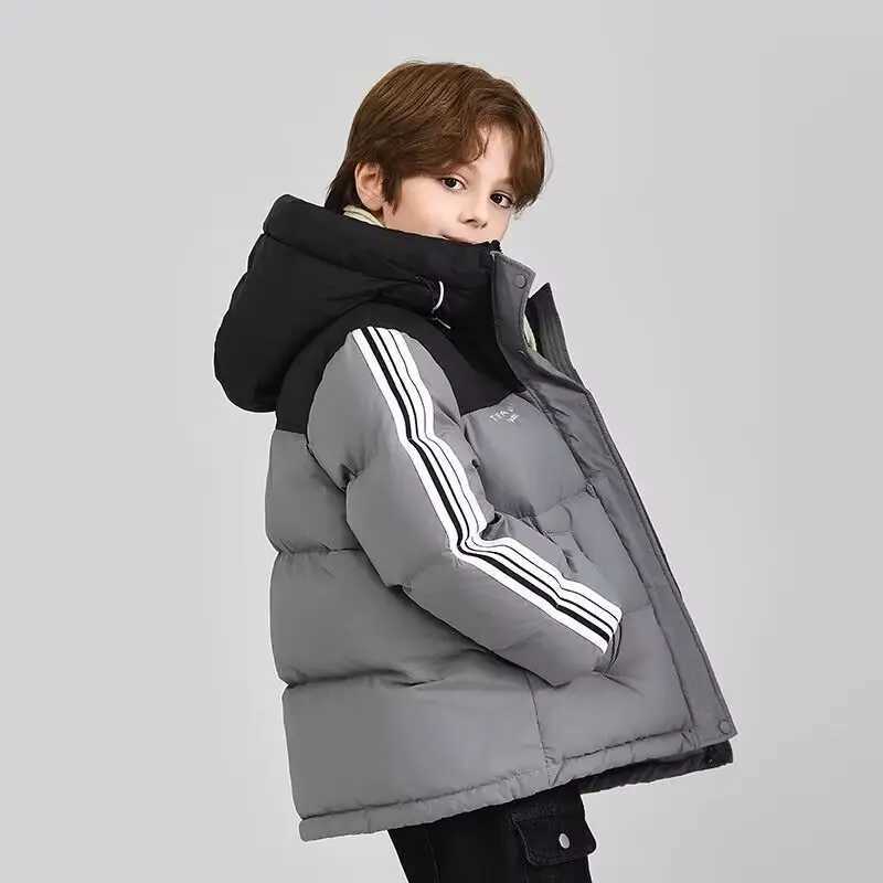 Winter Children Girl Down Jacket Loose Solid Stripe Sleeve ToddlerBoys Snowsuit Thicken Warm Hooded Junior Girl Coat LX241009