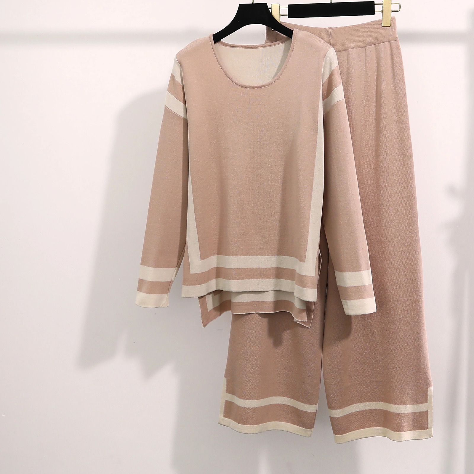 Womens Elegant Knitted Set Oneck Striped Splicing Long Sleeve Top Wide Leg Pants Office Casual Loose Sweater 241008