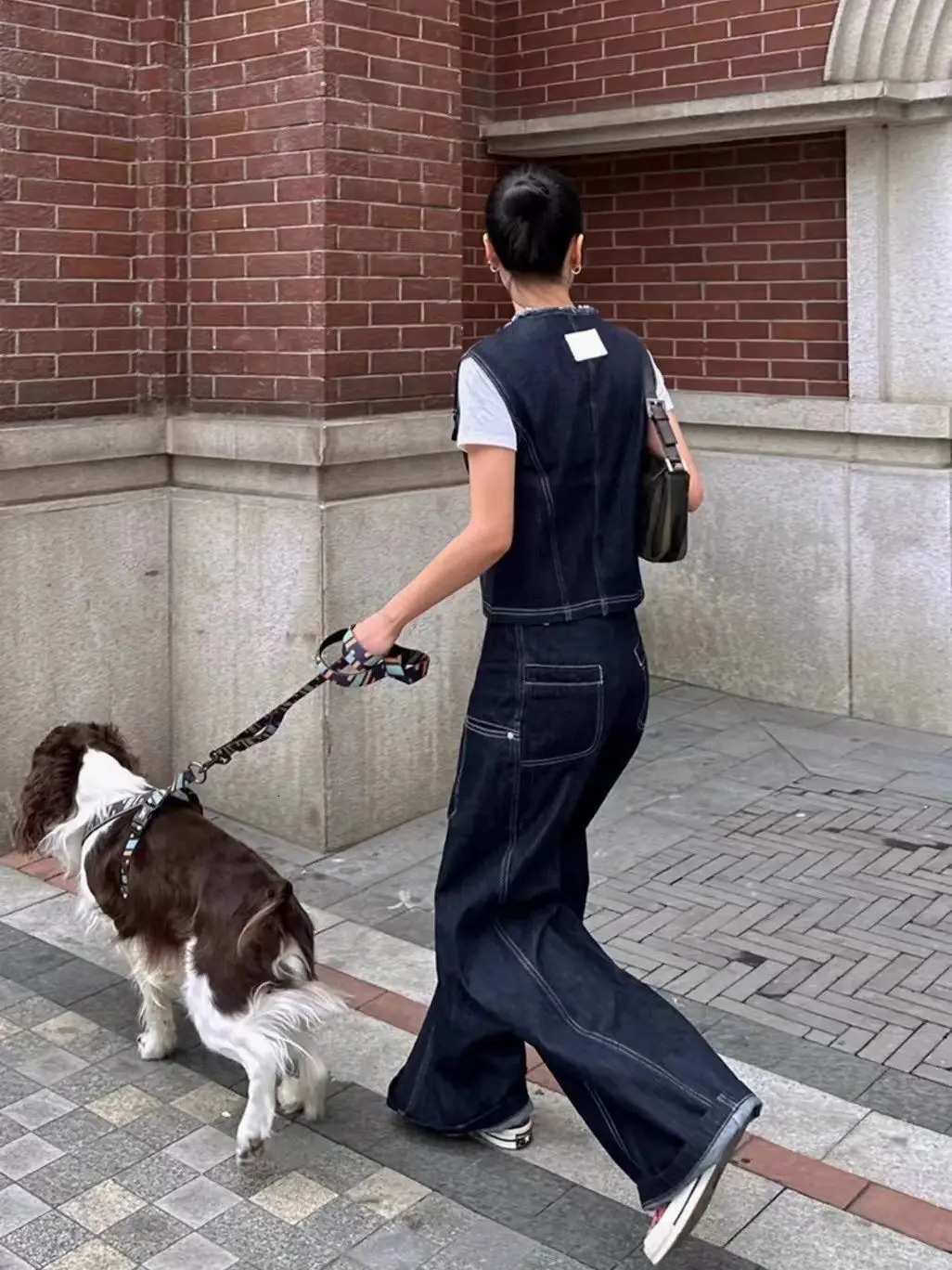 Korean fashion clothing retro denim twopiece set womens springsummer vest weight loss shorts wide leg pants 241008