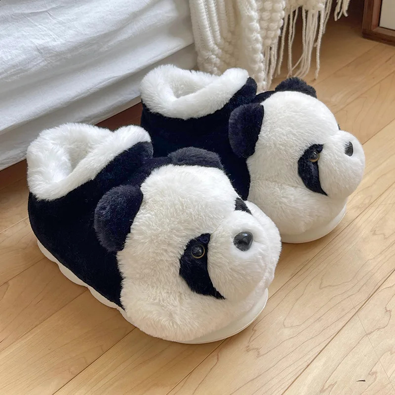 Cuddly panda slippers 2024 women plush booties outdoor slipper woman cute furry home boots winter fuzzy room slippers 44 45 240927