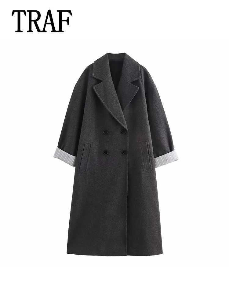 TRAF 2024 Autumn Women Winter Coat Warm Wool Blend Jacket Long Sleeve Woolen Coats For Woman Casual New In OuterweaX241009