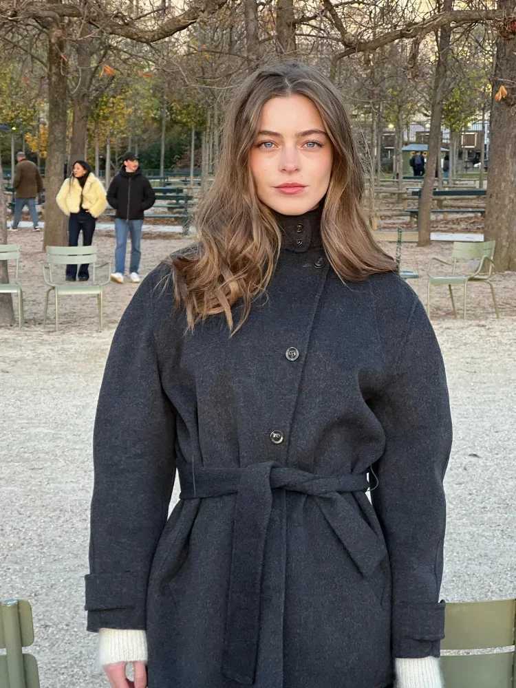 Fashion High Neck With Belt Woolen Overcoat Women Casual Long Sleeve Single Breasted Slim Warm Coat Autumn Street Lady OuterwearX241009