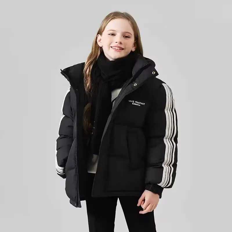 Winter Children Girl Down Jacket Loose Solid Stripe Sleeve ToddlerBoys Snowsuit Thicken Warm Hooded Junior Girl Coat LX241009