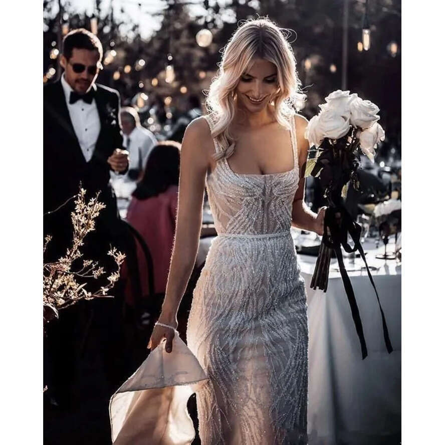 Neck Square Dresses Mermaid Lace Sequins Beads Sexy Backless Beach Wedding Dress Sweep Train Bridal Gowns Boho Vestidos De Bc 6660311