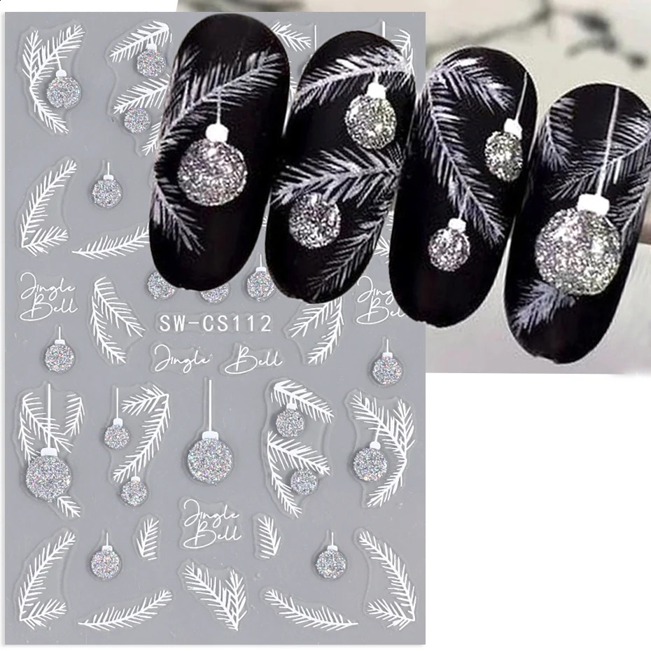 Silver Flash Christmas Nail Stickers 3D Winter Tree Snowflake Feather Lantern Gift Wine Holographic Ergonomic Slide Tips 241008