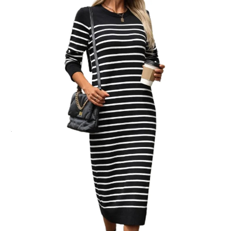 Womens simple and elegant slim fit striped knitted sweater with long leather fashionable autumn winter dress 241007