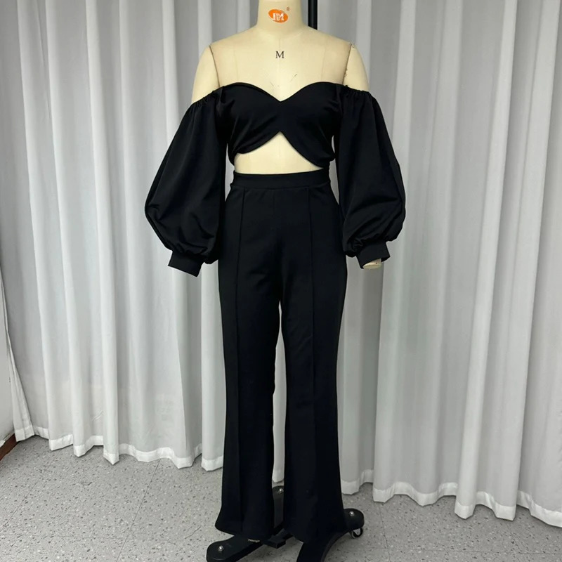 Wefads twopiece womens summer casual fashion solid shoulder light cover backless short top loose tight pants set 241008