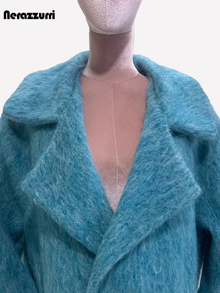 Nerazzurri Autumn Winter Long Oversized Thick Warm Soft Blue Woolen Coat Women Single Button Loose Casual Korean Fashion 2024 240930