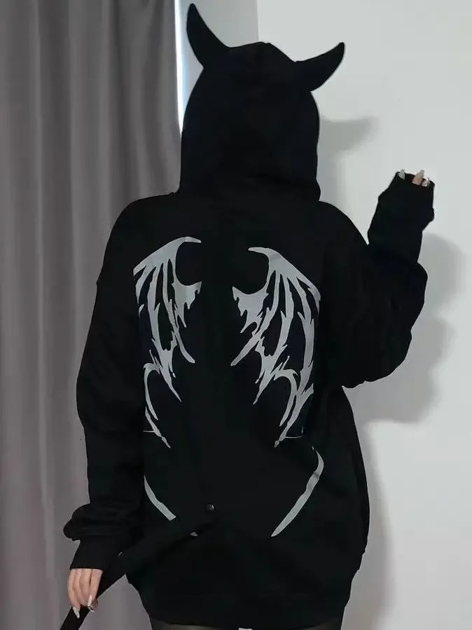 niche devil horn hat cardigan sweatshirt for men and women autumn and winter plus velvet loose top jacket trendy Y2K 241009