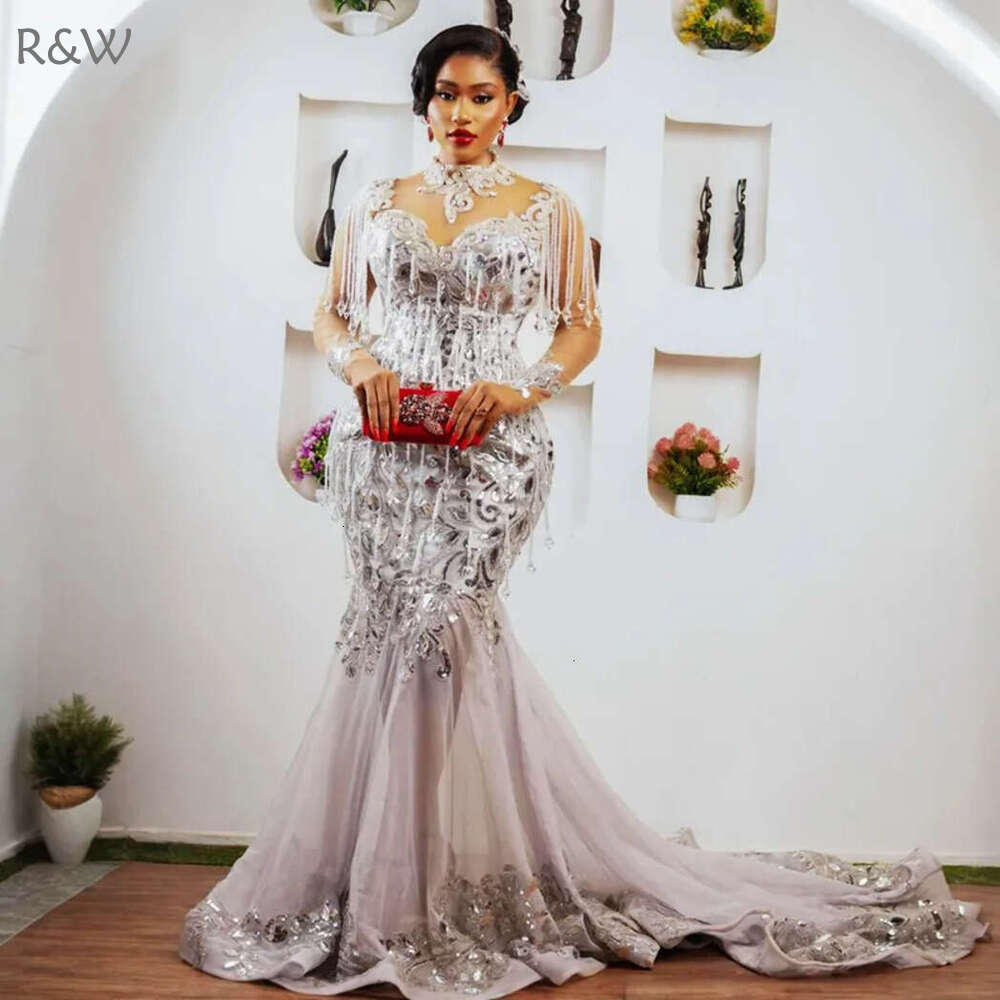 R&W 2024 Sier Aso Ebi Prom Mermaid Promdress High Neck Long Sleeves Illusion Beaded Crystals ra Lace Tassel Birthday Dress Second Reception Gala Gowns