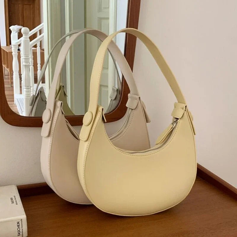 Solid color womens half moon shoulder bag soft PU leather womens underwear bag simple retro womens handbag 241008