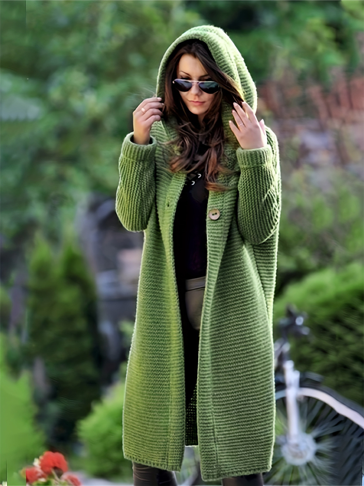 Plus Size Women's Autumn And Winter New Long Cardigan Button Hooded Elegant Sweater Casual Classic Loose Knit Jacket