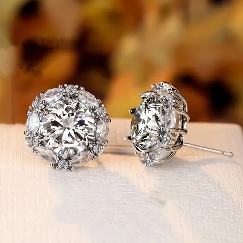 Earrings Women Fashion Zircon Round Stud Luxury 925 Sterling Silver Diamond Stud Earrings Classic Sapphire Crystal Stud Earrings Wedding Jewelry