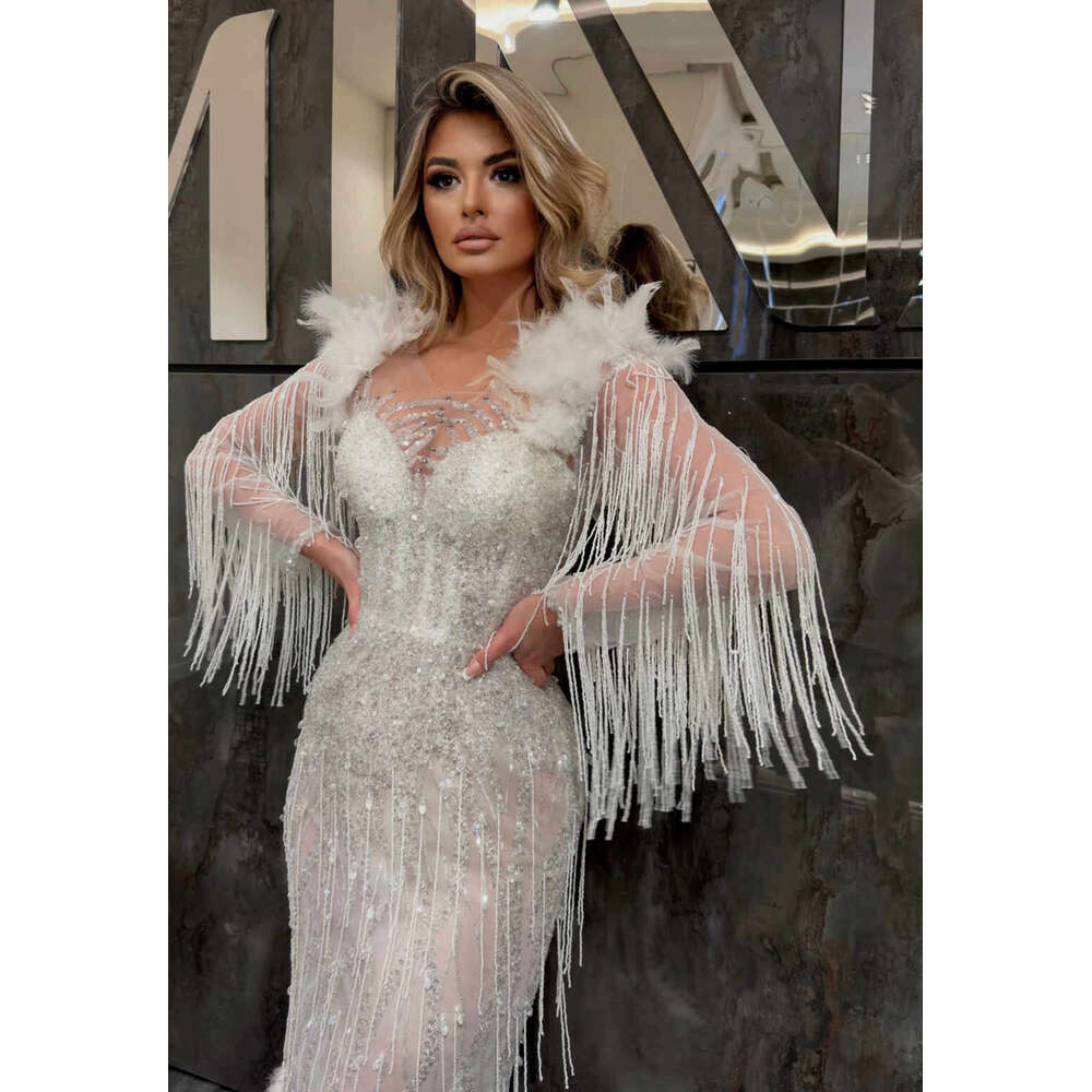 Wedding Dress Mermaid Feather Sequined Tassel Long Sleeve or-Length Princess Bride Vestido De Noiva Custom Made