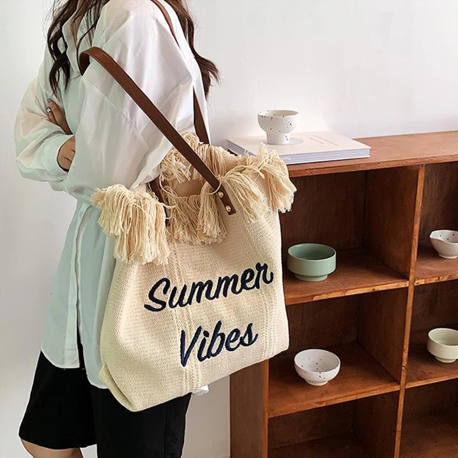 Fashionable large capacity letter embroidered edge canvas handbag portable commuting and shopping shoulder bag 241008