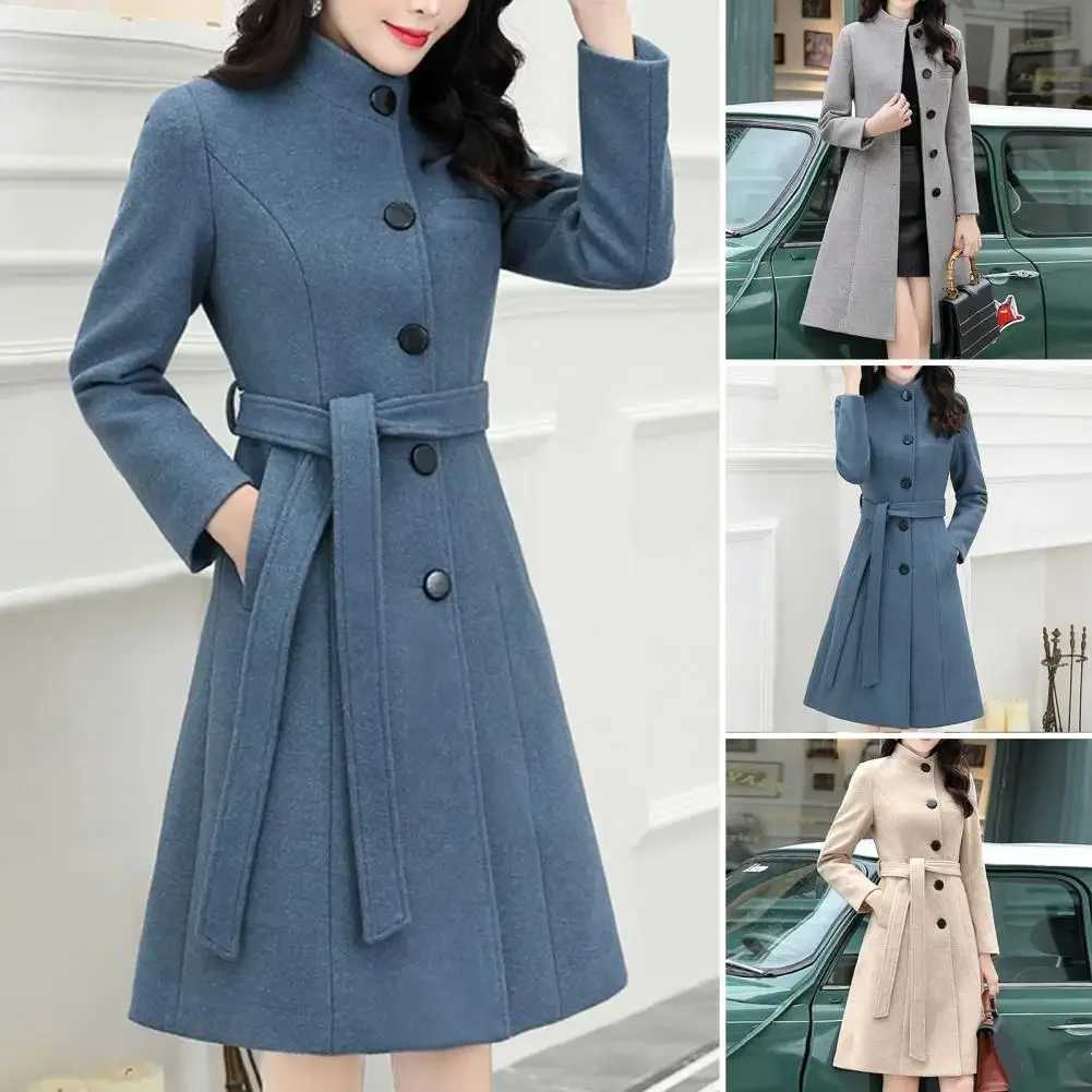 Trendy Women Outwear Long Sleeve Super Soft Women Woolen Coat Slim Fit Belt Trench CoatX241009
