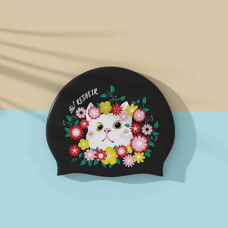 Cartoon swimming cap fashionable printing silicone swimming cap womens large long hair earmuffs swimming pool accessories CL241009