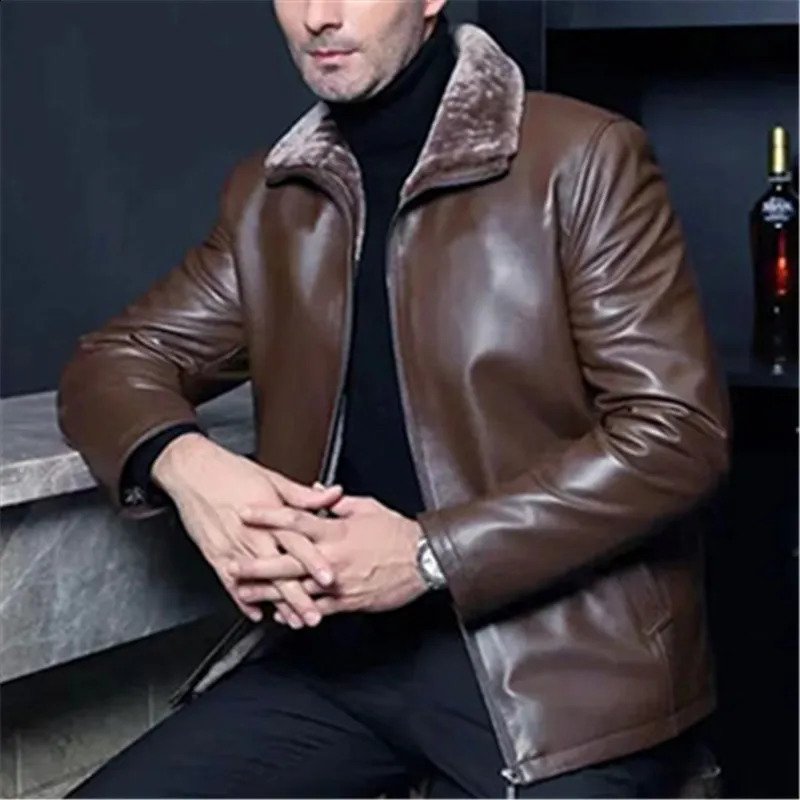 Winter wool warm leather jacket mens Pu business casual loose thick leather jacket mens fashionable retro faux fur jacket 240930