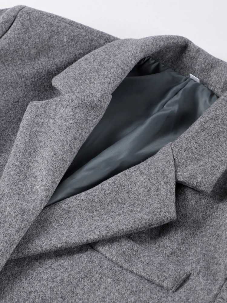 Gray Casual Womens Jacket Coat Woolen Notched Double Breasted Elegant Back Split Loose Outwear 2024 Autumn Chic Street CoatsX241009