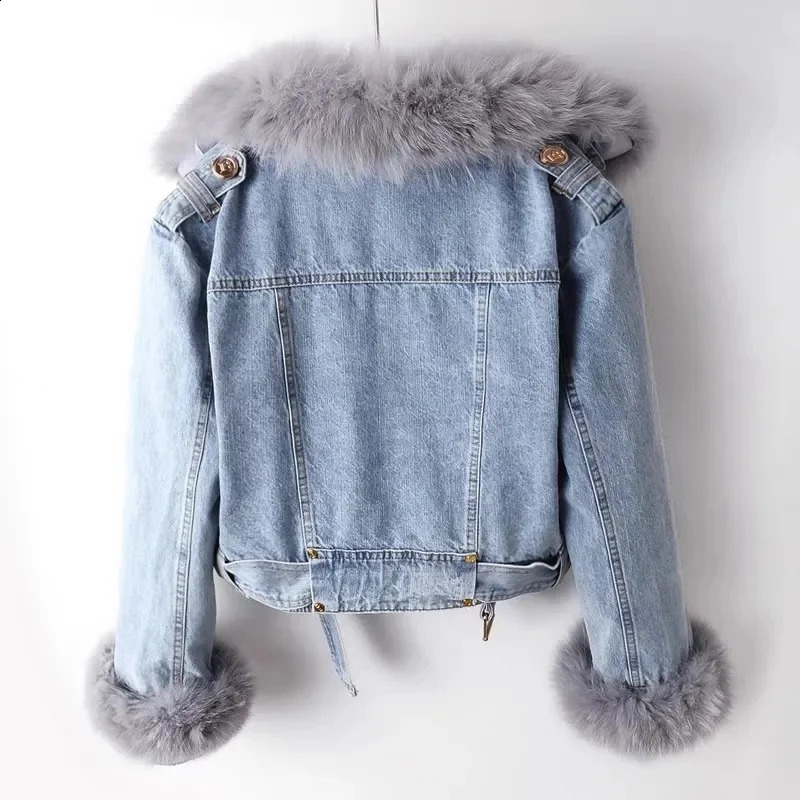 2024 Autumn Winter Detachable Faux fur Rabbit inner lining Denim Jacket Womens Short Top Female Warm Parker Outwear 241008