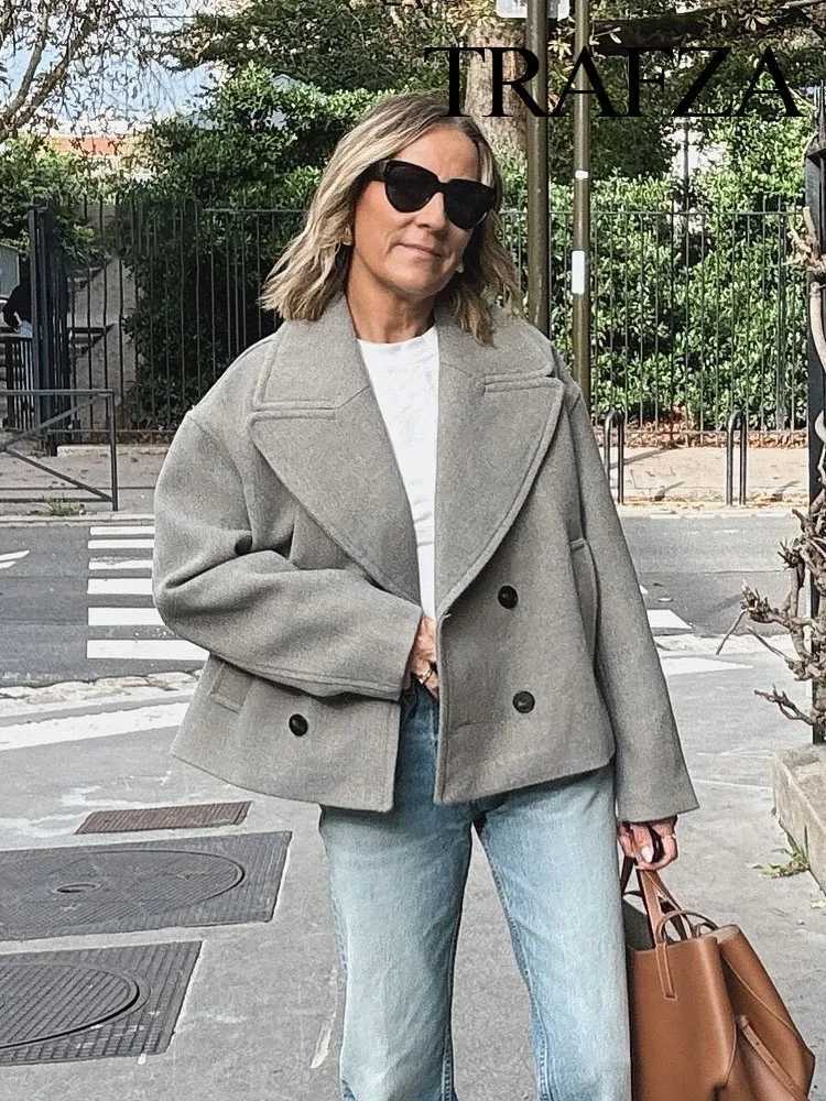 TRAFZA Womens Winter Casual Warm Coat Solid Turn-Down Collar Long Sleeves Pockets Double Breasted Female Fashion Coats 2 ColorX241009