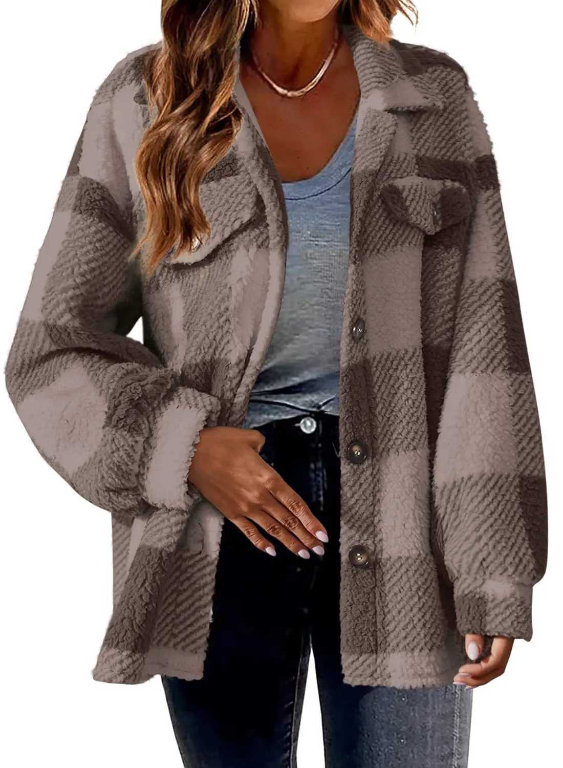 2023 Autumn and Winter Womens New Fashion Loose Casual Pocket Plaid Lamb Fleece Jacket Button Plush Comfortable Versatile CoatX241009