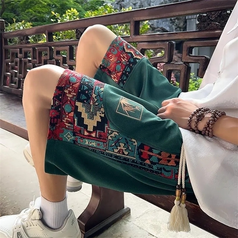 Embroidered shorts mens summer loose casual national trend medium pants trendy large size sports outer wear 5-point pants 241008