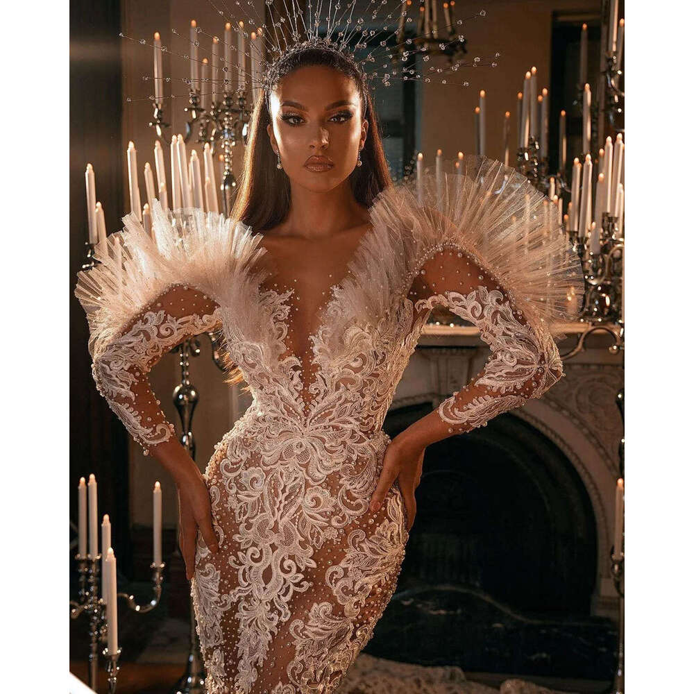 Gorgeous Wedding Dresses Mermaid V-Neck Appliques Pearls Long Sleeve Princess Bride Dress Vestido de novia Custom Made