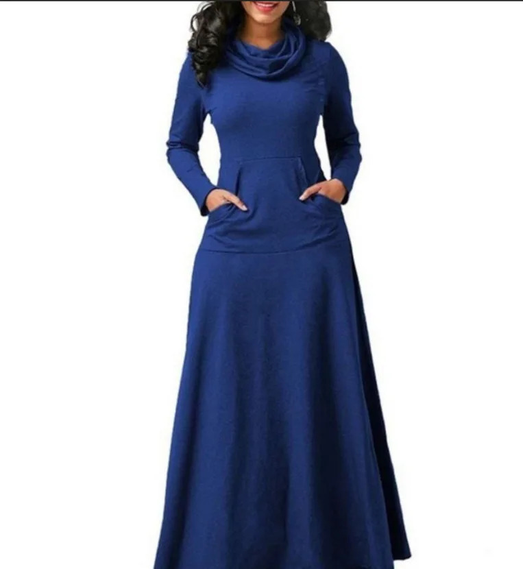 Size 5XL Elegant Long Skirt SpringWinter Warm High Neck Womens Sleeve Dress Pocket Clothing 241007