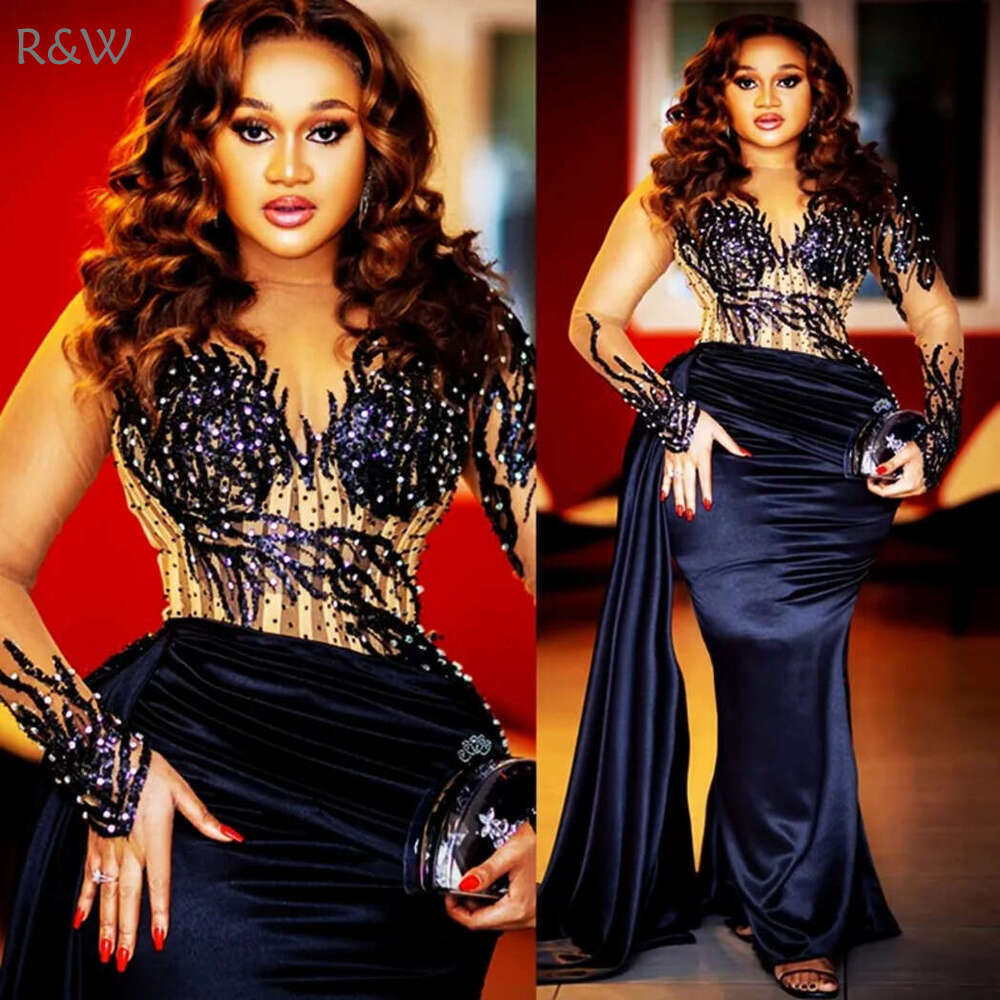 R&W 2024 Prom for Special Ocns Black Mermaid Promdress Evening Dresses Elegant Illusion Long Sleeves Appliqued Beaded Lace Second Reception Gowns AM11