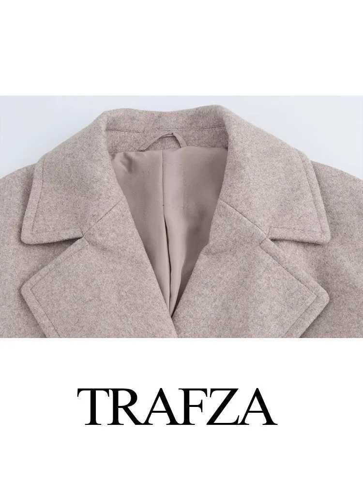 TRAFZA Women Autumn Solid Overcoat Fashion Double Breasted Turn-down Collar Pocket Design Coats Female Casual Loose OvercoatX241009