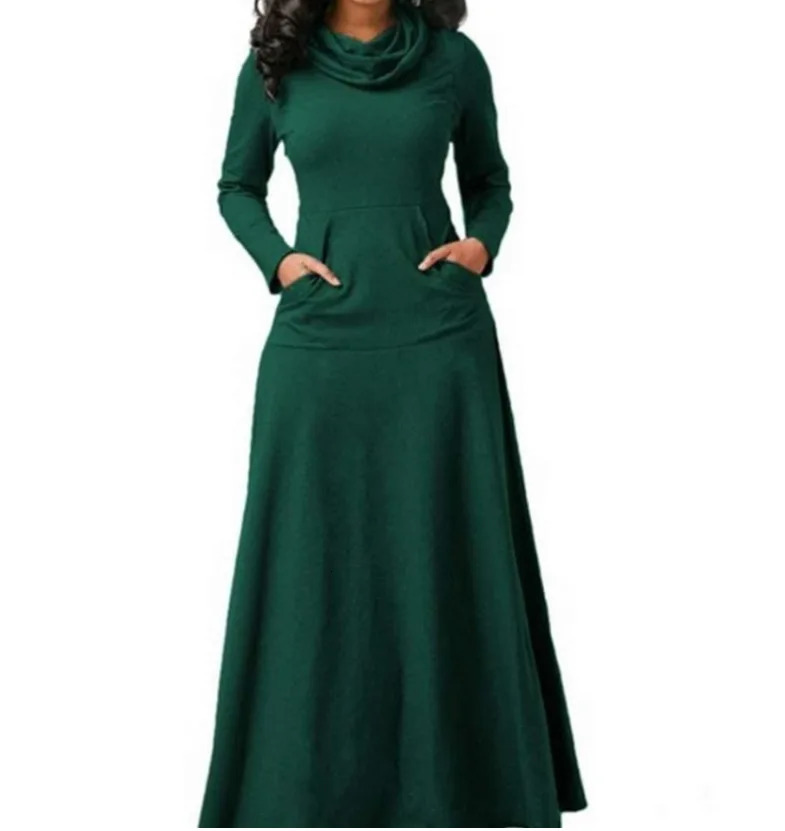 Size 5XL Elegant Long Skirt SpringWinter Warm High Neck Womens Sleeve Dress Pocket Clothing 241007