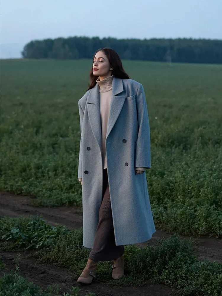 Grey Double-breasted Oversized Woolen Coat Women Fashion Lapel Long Sleeved Pockets Jacket Autumn Winter New Lady Warm OuterwearX241009