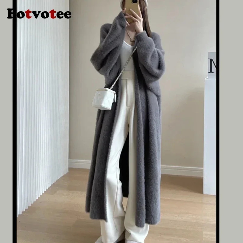 FOTVOTEE Womens Long Open Collar Woolen Sweater Fashion Casual Coat Autumn Sleeve Solid Loose 241007