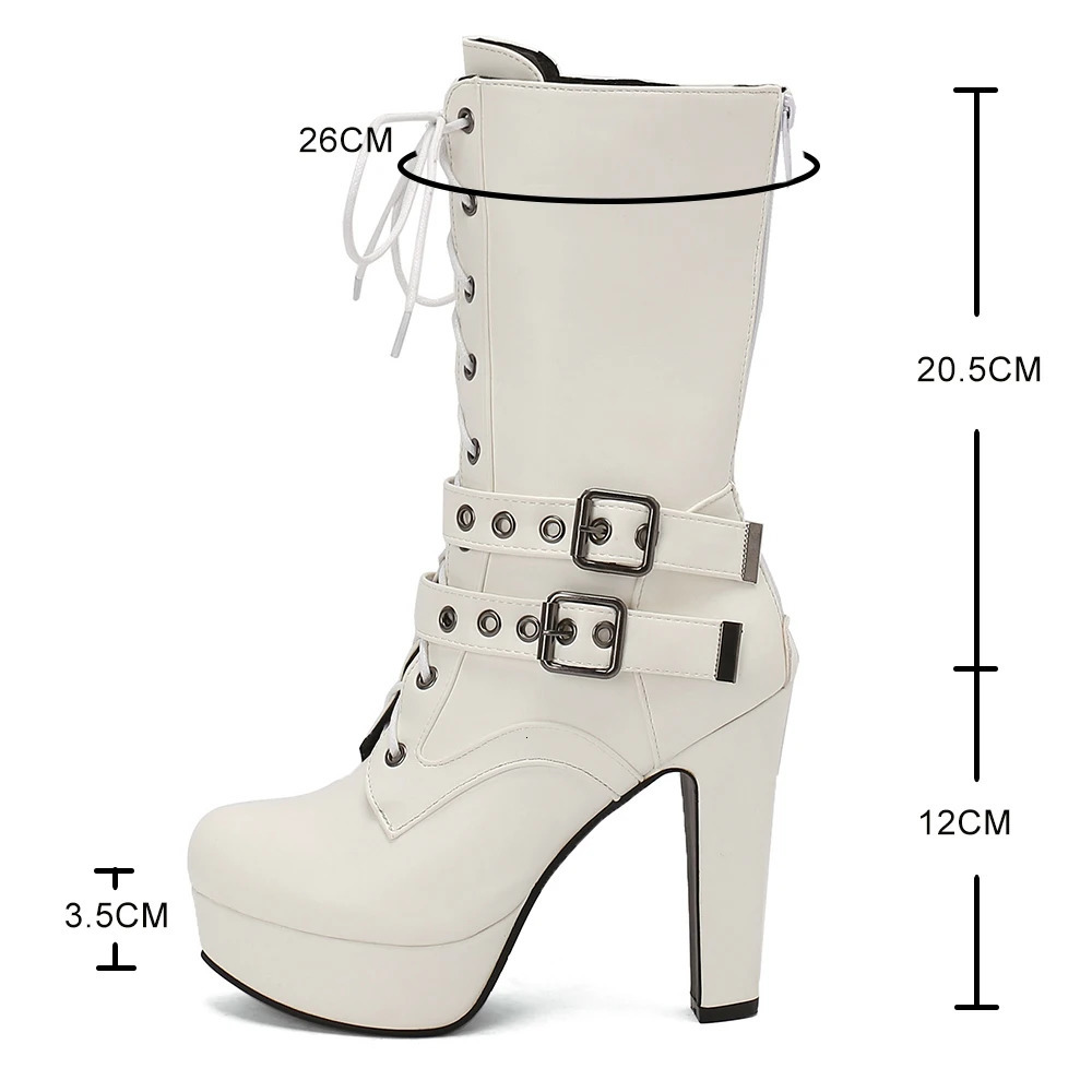 Womens punk style lace ankle boots with buckle platform high-heeled short boots womens white autumn winter round toe shoes 241007