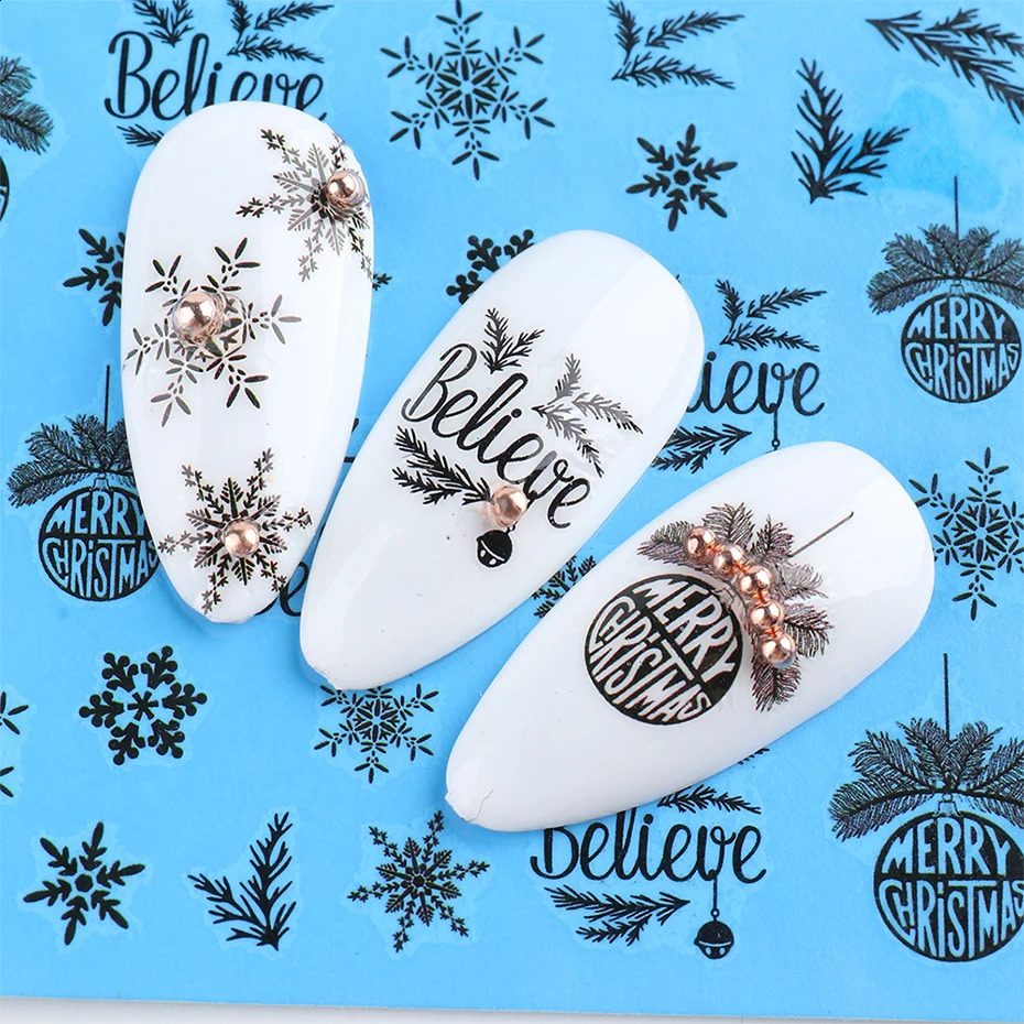16 pieces of black nail stickers Christmas reindeer tree snowflake water transfer stickers Christmas winter nail accessories SASTZ1082-1097-1 241008