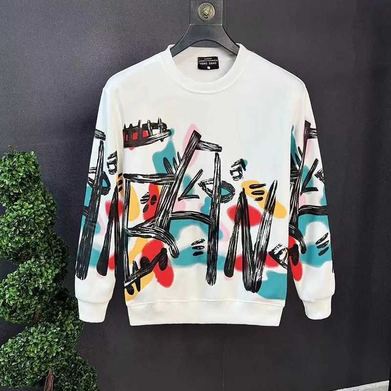 Men's Hoodies Sweatshirts Fashion brand Spring and Autumn mens 2024 new spliced floral O-neck printed letter fashionable loose casual long sleeve