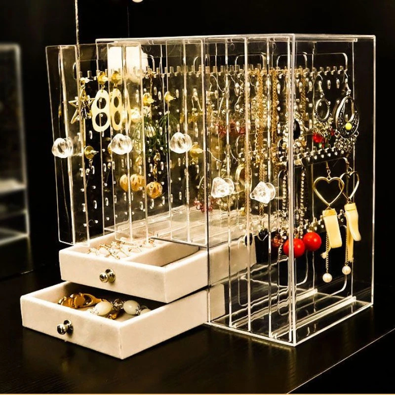 Plastic jewelry box storage womens velvet drawer jewelry organizer box necklace bracelet earring transparent display rack 240924