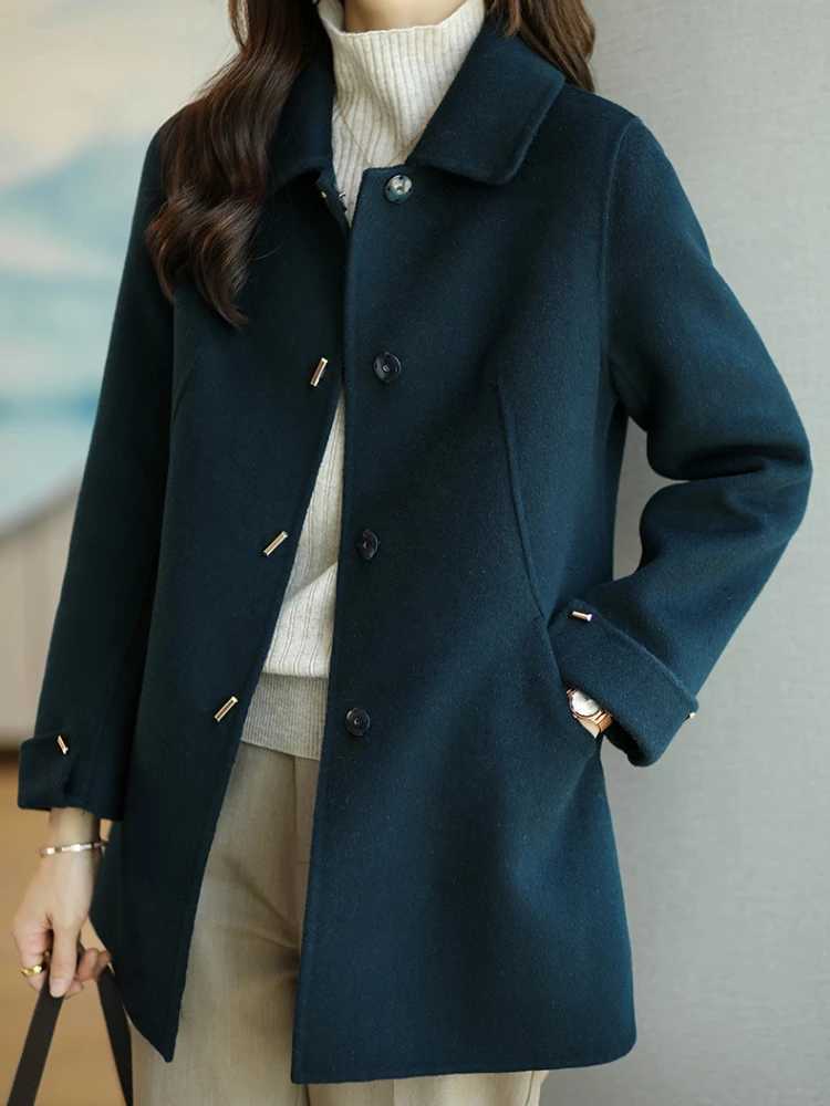 Woolen Coat Slim Fashion Office Lady Square Collar Single Breasted Winter Coats for Women 2024 Wide-waisted Pocket Black CoatX241009