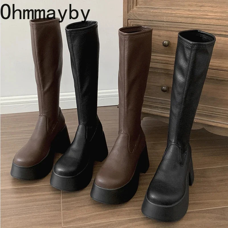 Punk Style Platform Womens Knee High Boots Fashion Slippery Thick Heel Shoes Womens Comfortable Knight Long Botas De Mujer 241007