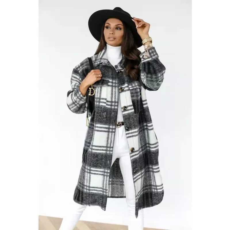 Medium and Long Woolen Coat Jackets Spring and Autumn Shirt Wool Coats Womens Plaid Polished Long Sleeve Pockets Blends OutwearX241009