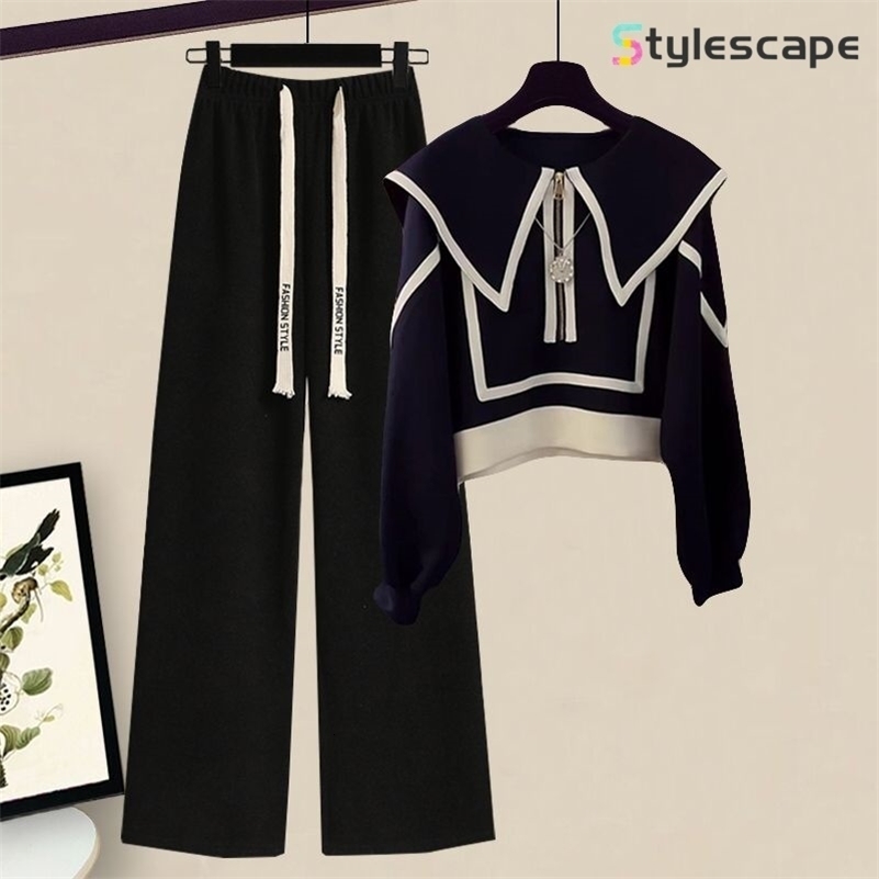Autumn Outfit Set 2024 Stylish Korean Version Lapel Sweatshirt Slimming Versatile Loose Casual Pants Twopiece 240905