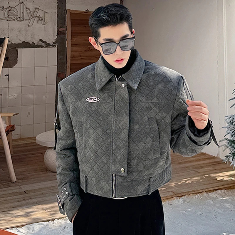 IEFB Argyle Male Padded Jacket Lapel Buckle n Zipper Gradient Color Mens Short Cotton Coats American Style 2023 9C3926 241008
